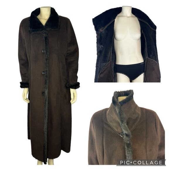 Vintage Jones New York's luxe style trimmed, faux fur long brown coat size large - Picture 1 of 17